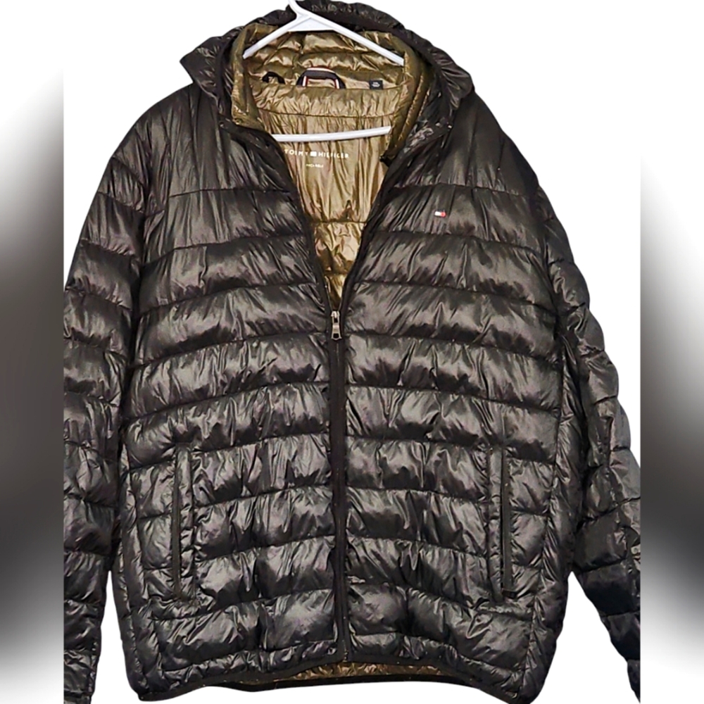 Tommy Hilfige Packable Puffer Coat Men XXL Black with Moss Green Inside